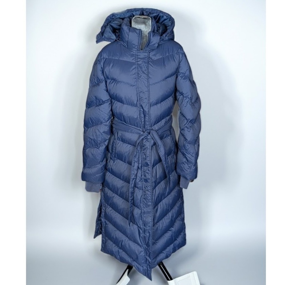 Unisync Long Line Down Puffer Hooded Coat Women's L Navy Blue Belted 700 Fill